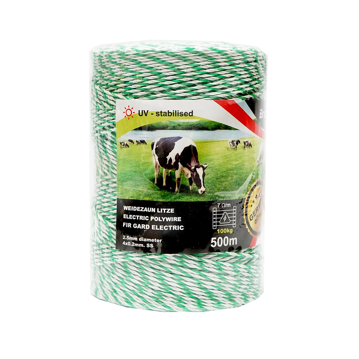 Rola fir alb-verde fi 2.5mm insertie metalica 4x0.2mm SS, rezistenta 7 Ohm/m, 500m gard electric Breckner Germany